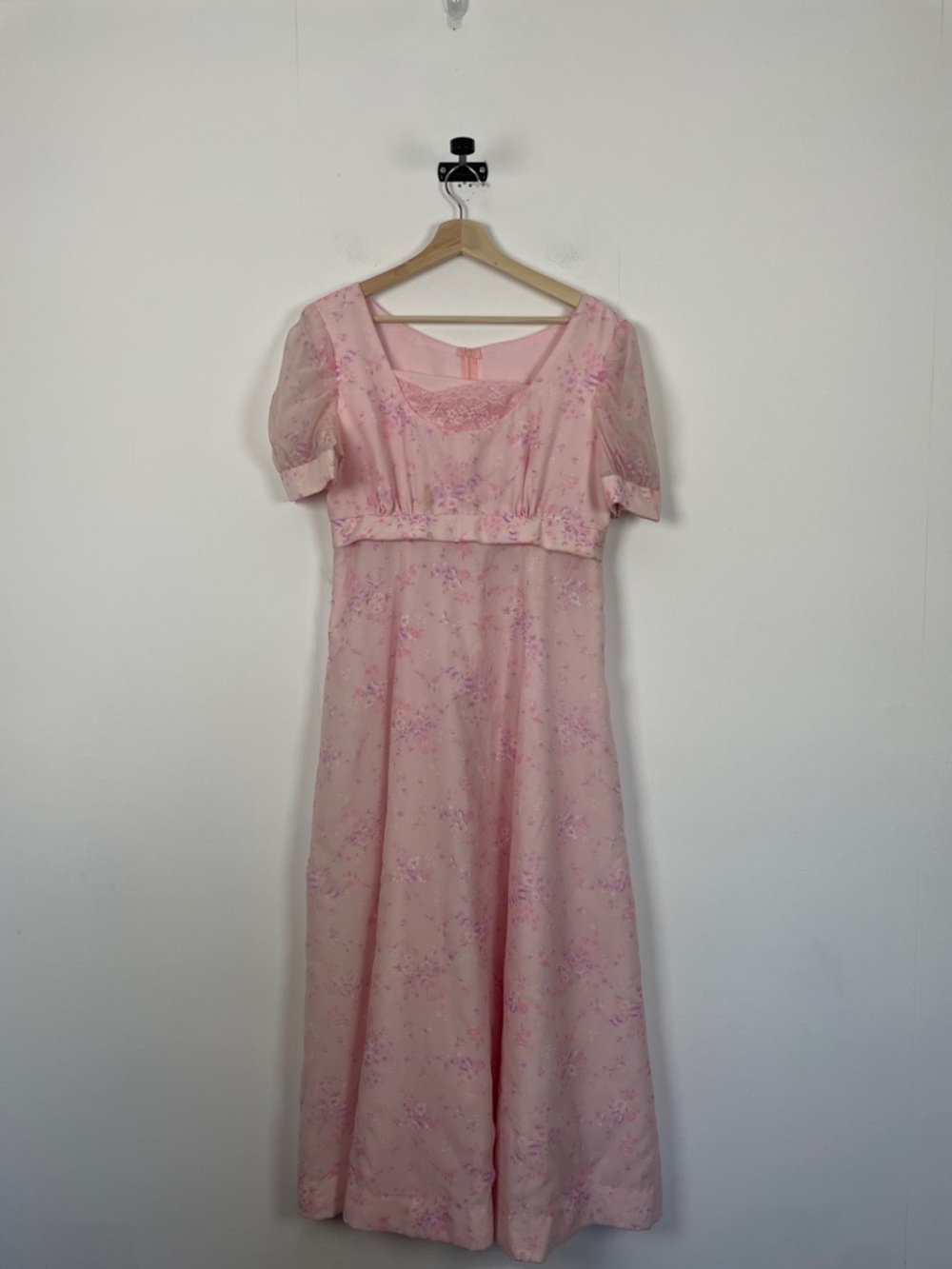 VTG Sheer Women's Lace Neckline Cottagecore Pink Floral Puff-Sleeve Maxi Dress - Picture 2 of 7